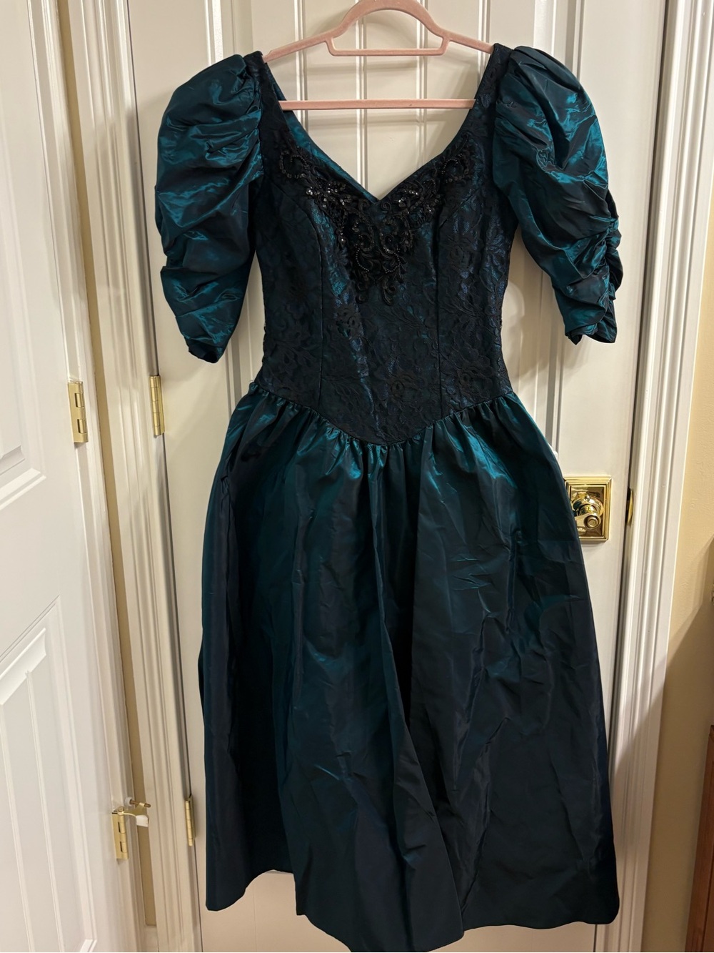 Alfred Angelo 9/10 M Vintage 80’s Emerald Green Black Lace Beading Prom Dress